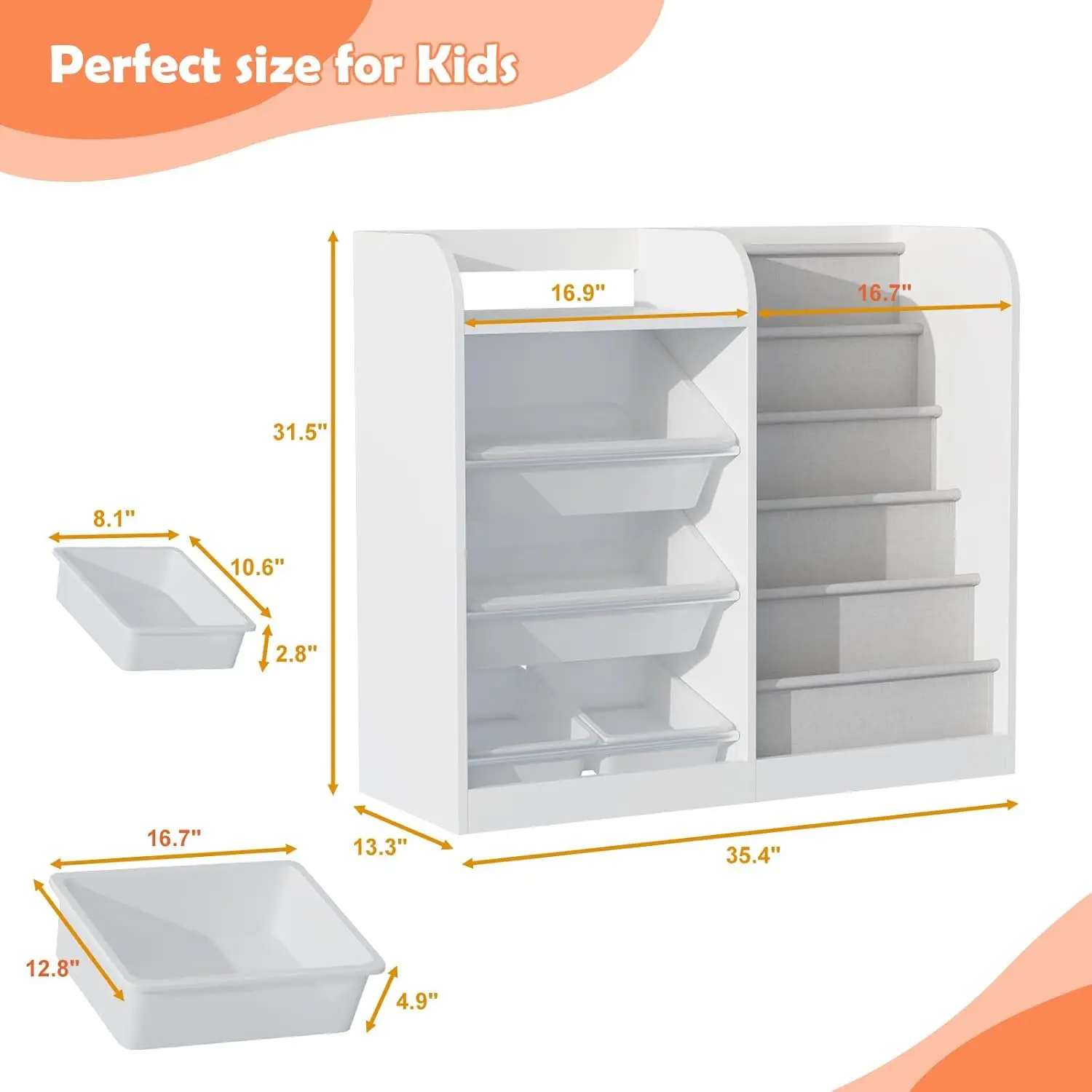 Wooden Bookshelf & Toy Storage Organizer W/4 Removable Plastic Toy Bins Children Bookcase Toddler Baby Sling Book Rac