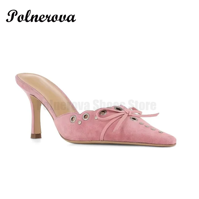 Pink Suede Bow Mueller Shoes Hollow Pointed High Heel Sandals Female New Temperament Baotou Shoes Casual Slippers for Women