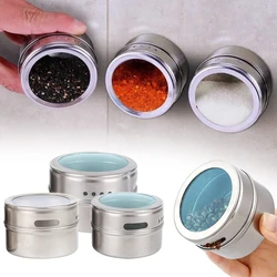 Magnetic Spice Box Mini Round Spice Pepper Jars Visibles Sealing Seasoning Bottle Stainless Steel Spice Containers For Kitchen