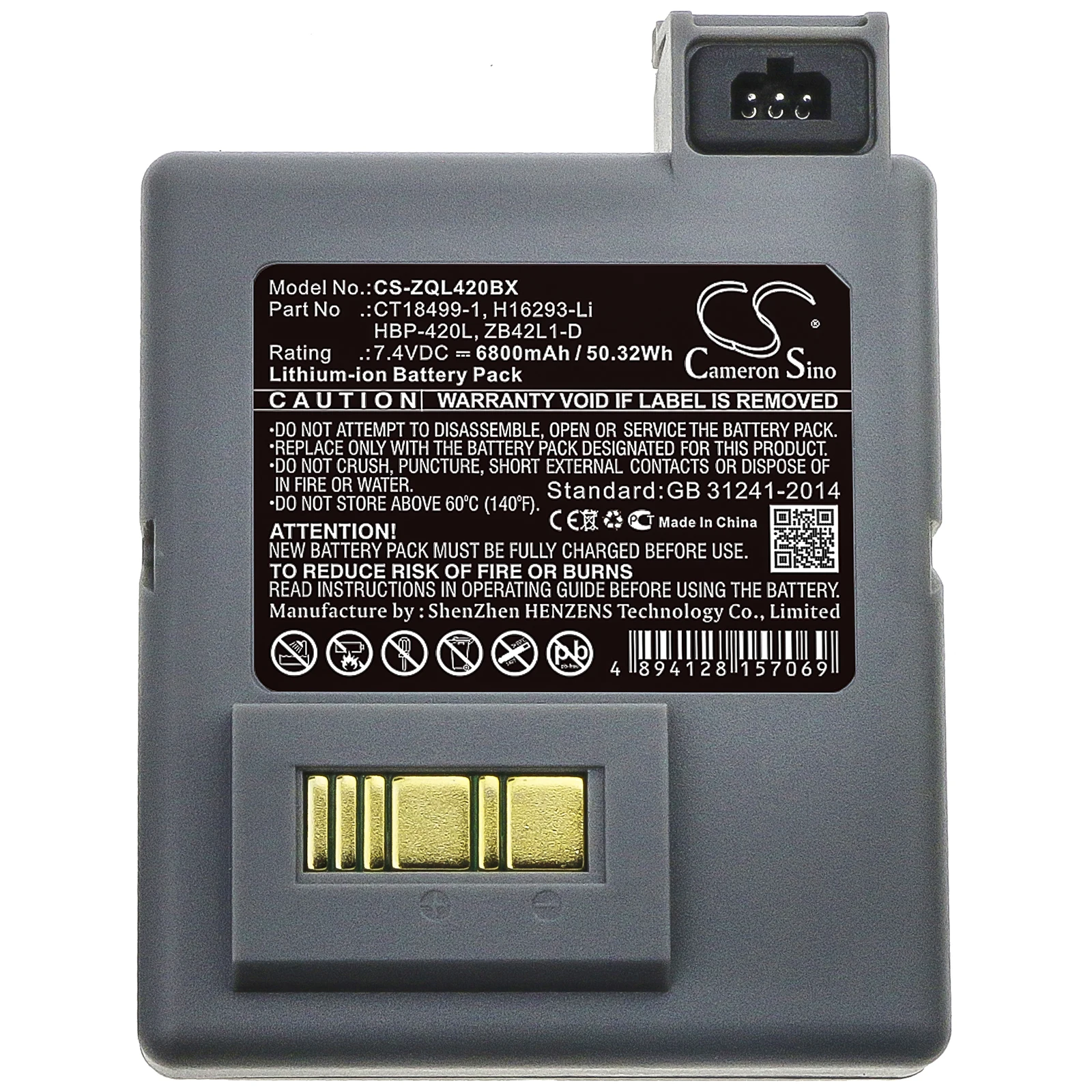 Portable Printer Battery For Zebra CT18499-1 H16293-Li HBP-420L ZB42L1-D P4T RP4T RP4 Capacity 6800mAh / 50.32Wh Color Grey