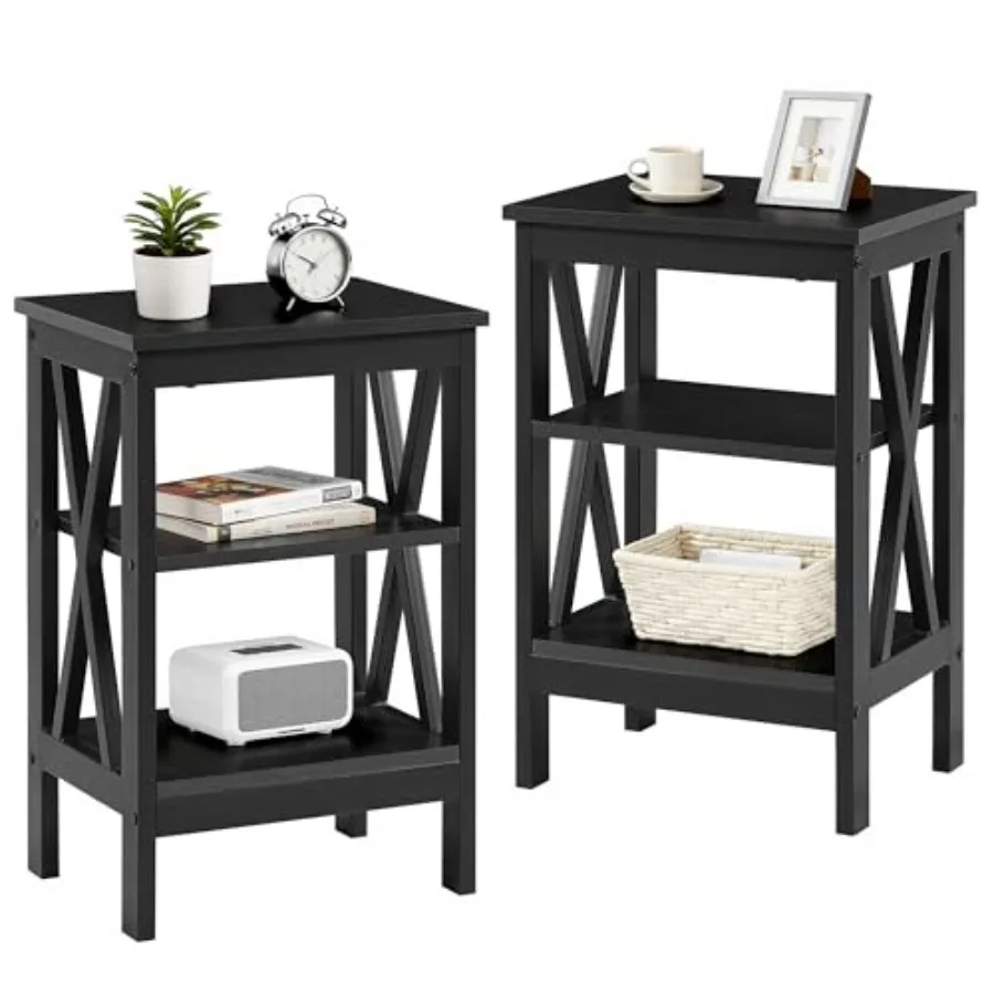

End Table Set of 2, Bedside Table, 24" Tall Living Room End Tables, X-Design Reinforced Nightstands, Side Table with 3-Tier Sto