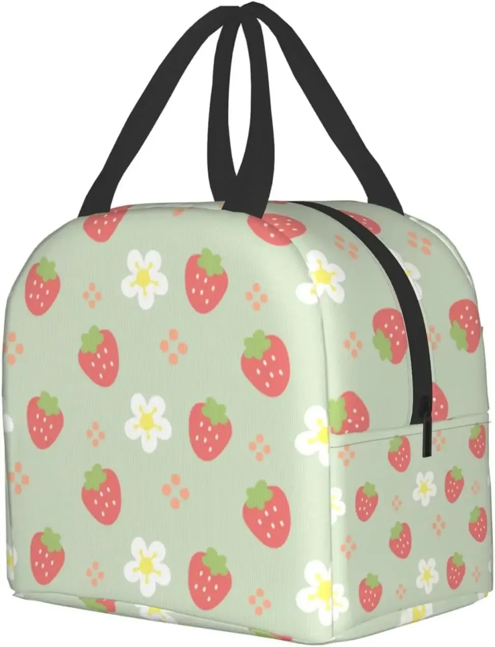 Green Strawberry and Flowers Lunch Bag Small Insulated Lunch Box with Front Pocket Aesthetic Lunch Bags for Girls Boys Freezable