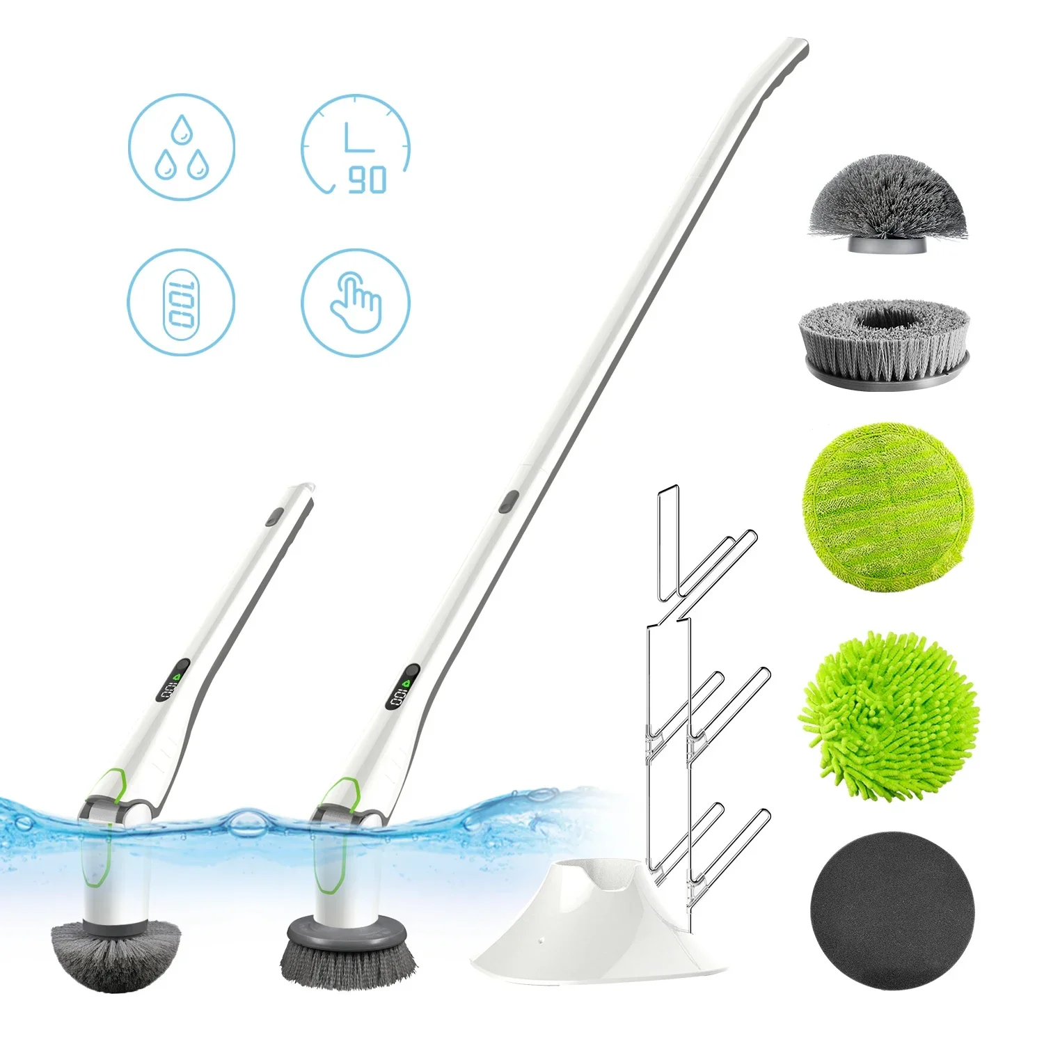 Electric Spin Scrubber, 2 Speed HD LED Display, with 6 Replaceable Brush Heads Cleaning for Kitchen, Bathroom, Floor, Tile, Bath