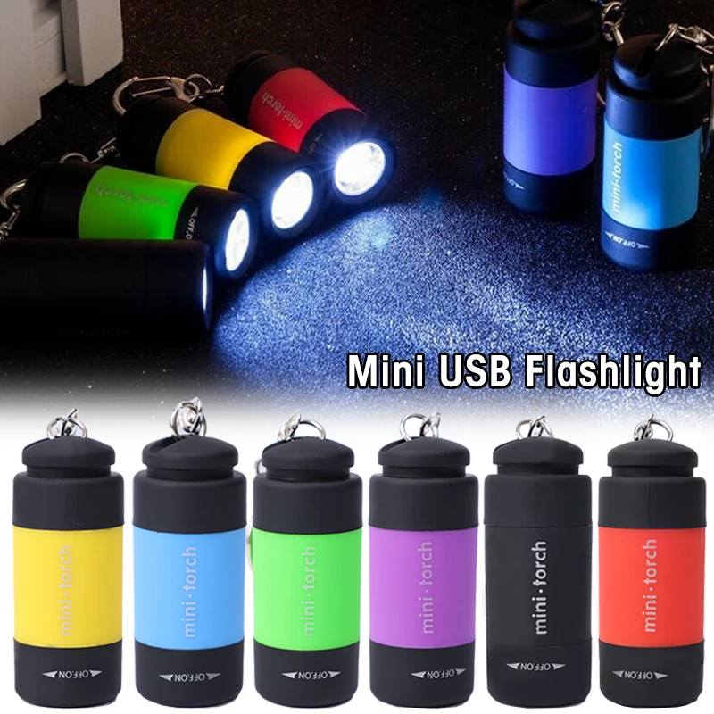 USB Charging Keychain Flashlight Mini Pocket LED Torch Rotary Switch Lamp Waterproof Flashlights Outdoor Camping Bright Lights