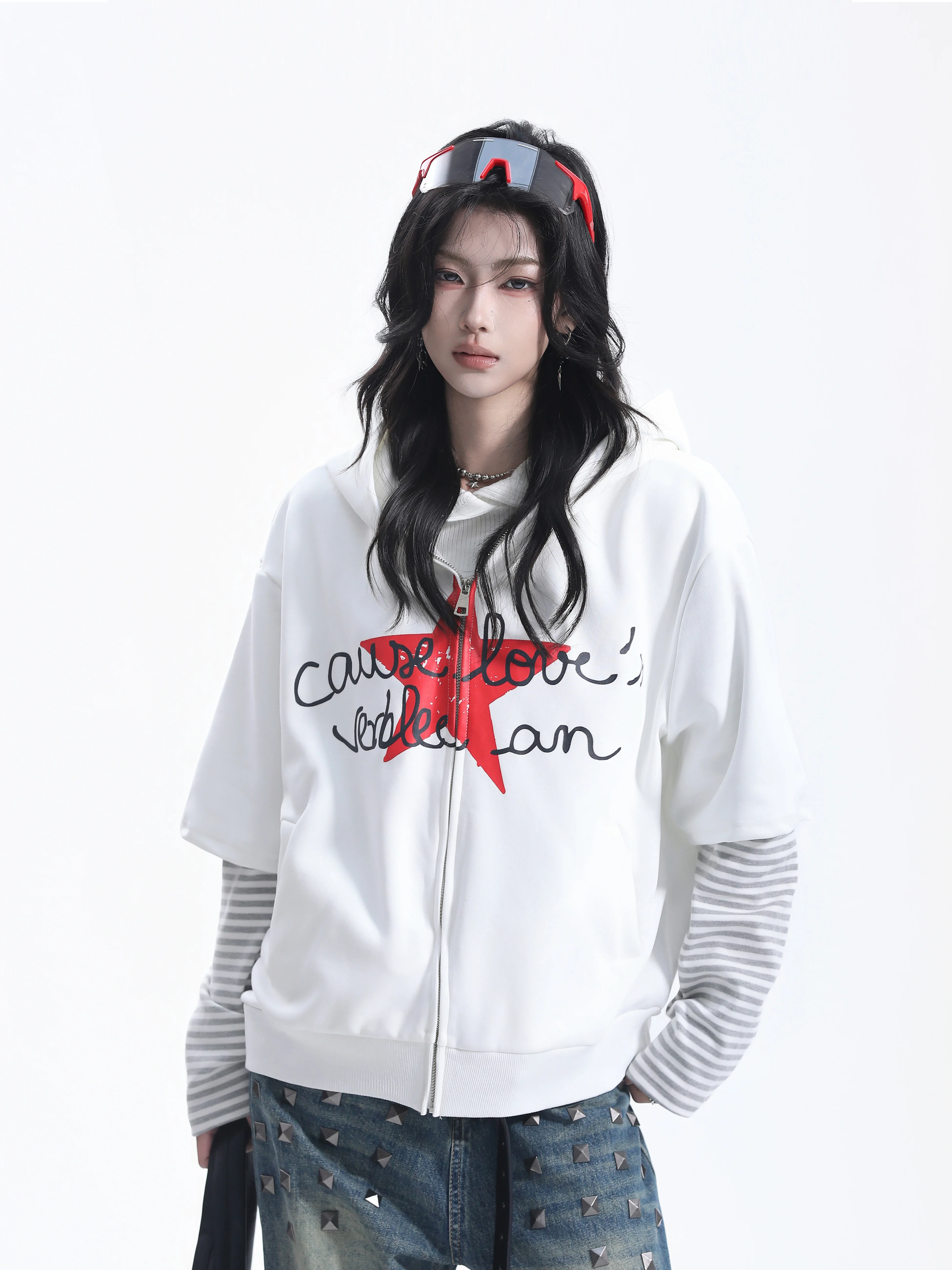 American Style Letter Print Hooded Jacket Women Loose Striped Sleeve Neutral Open Cardigan Polyester Cotton Blend Long Sleeve