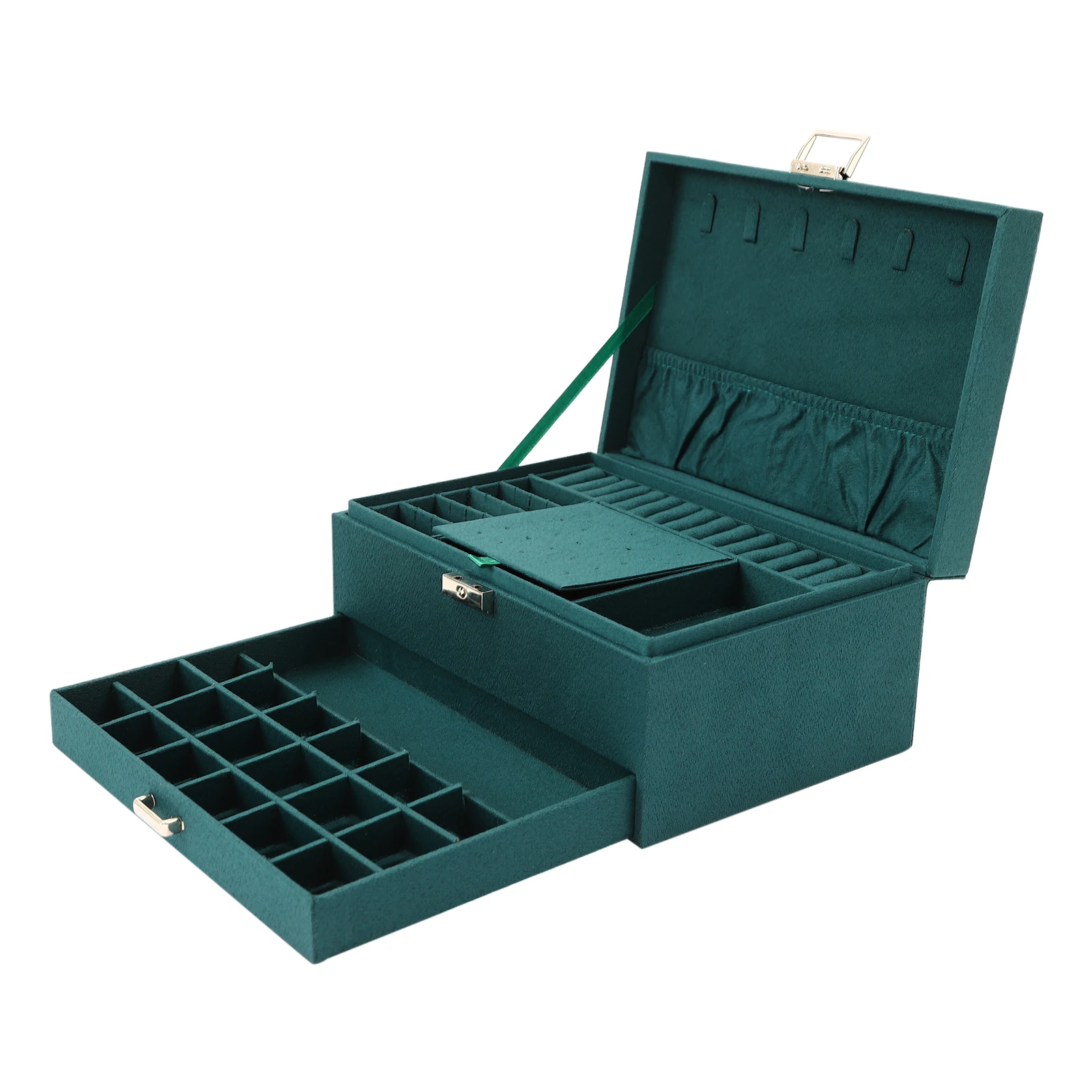 Suede Fabric Triple drawer jewelry storage box in dark green for rings, earrings, bracelets, watches 24*17*11cm