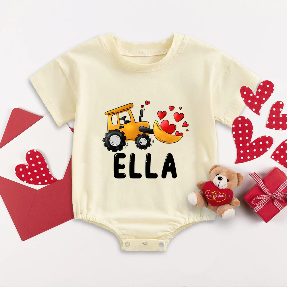 Personalized Baby Valentines Day Rompers Custom Valentines‘s Day Construction Truck Toddler Bodysuit Excavator Digger Jumpsuit