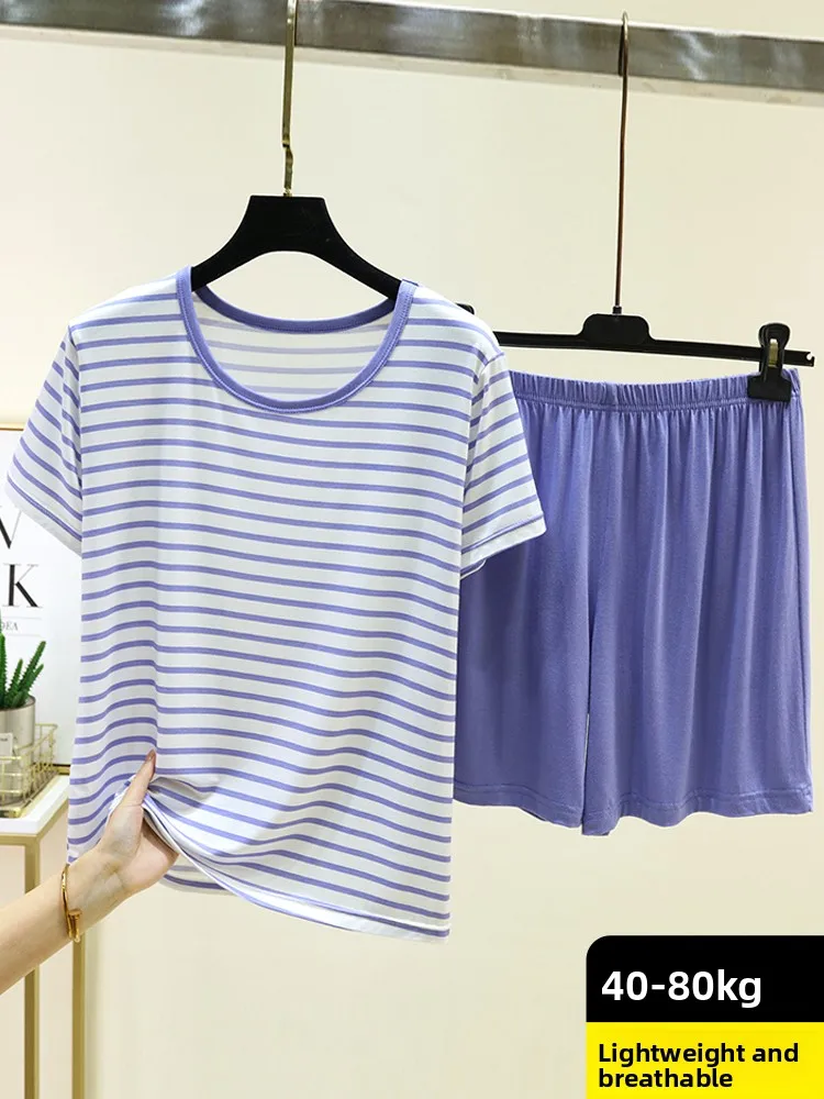 

Summer Loose round Neck Modal T-Shirt Shorts Home Clothes Outerwear Large Size Pyjamas Two-Piece Set Striped Base Layer Shirt