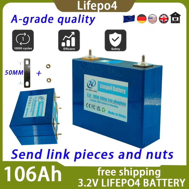 

3.2V 106Ah LiFePO4 Battery Rechargeable Cells 100% capacity for Solar Energy DIY Lithium Battery Pack Home Power 12V in Stock