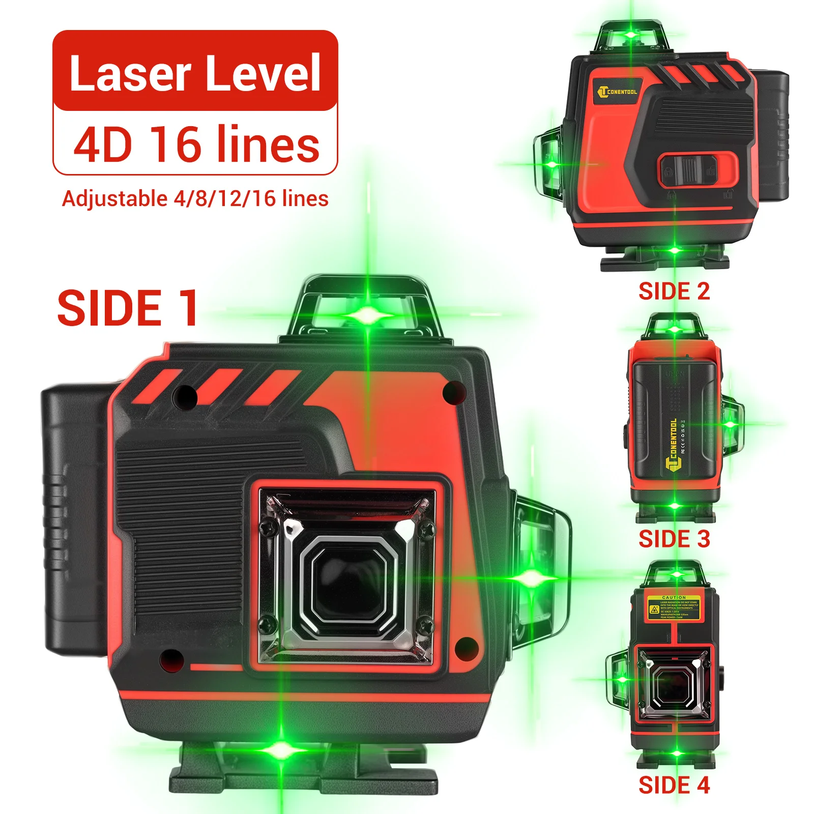 Conentool 16 Line Laser Level Self Leveling Green Cross Line With Aluminum Base 4D Self-Levelling Measure Tool Set