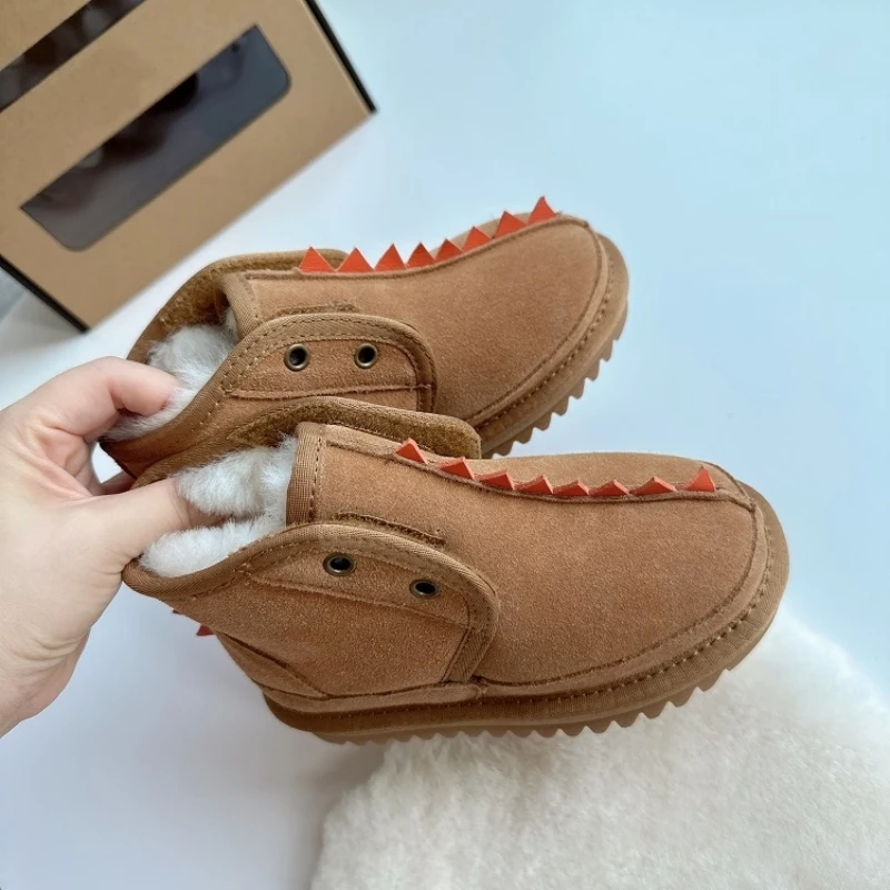 Winter Genuine Leather Boys' Snow Boots Cowhide Cartoon Dinosaur Boys Ankle Boots High Quality Warm Wool Kids Shoes