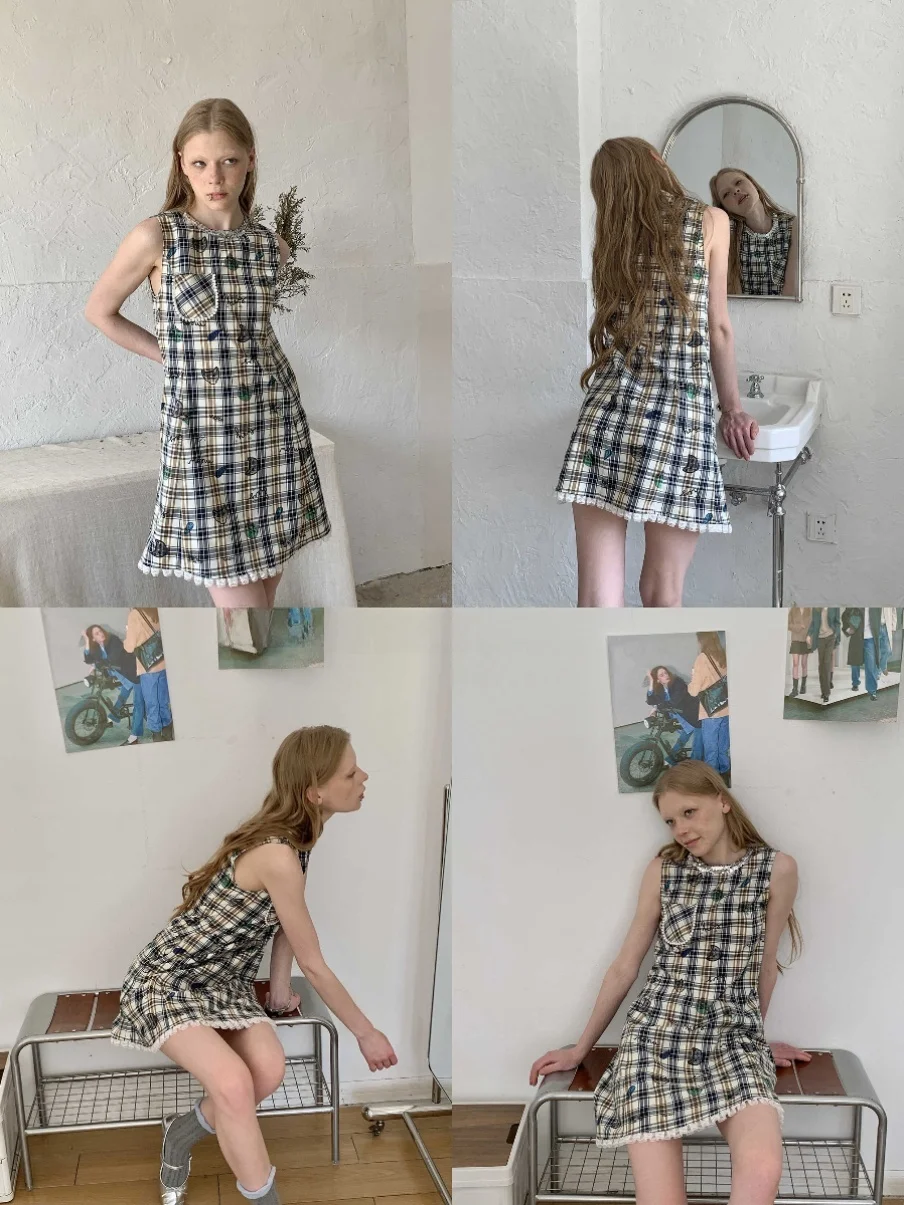 

Brand College Sle fiti Plaid Vest Skirt Summer Season l Waist Cotton Blend A-Line Skirt round Ne