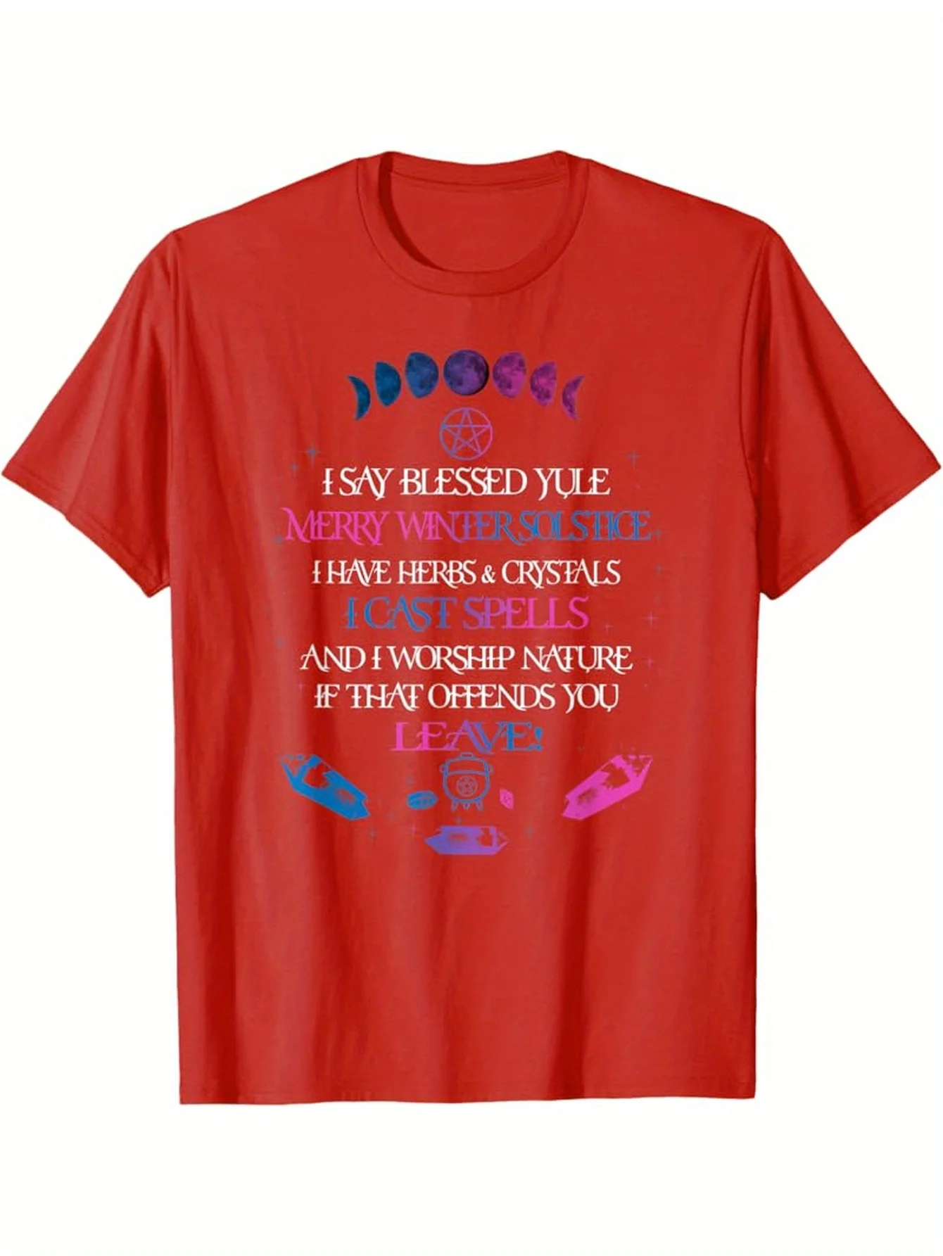 Merry Solstice & Cast Spells Leave! Festive Yule Celebration T-Shirt 100% Cotton O-Neck Short Sleeve Summer Casual Mens T-shirt