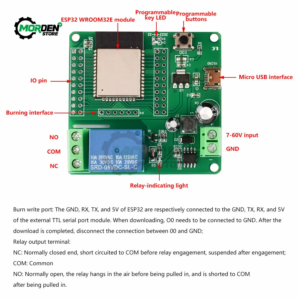 DC7-60V ESP32 WIFI Relay Bluetooth-Compatible Single Channel Relay Module Intelligent Module Power Supply