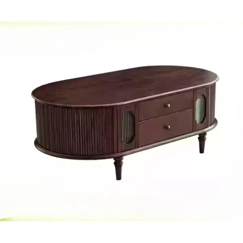 

Medieval coffee table French retro all-solid wood storage household living room American oval coffee table