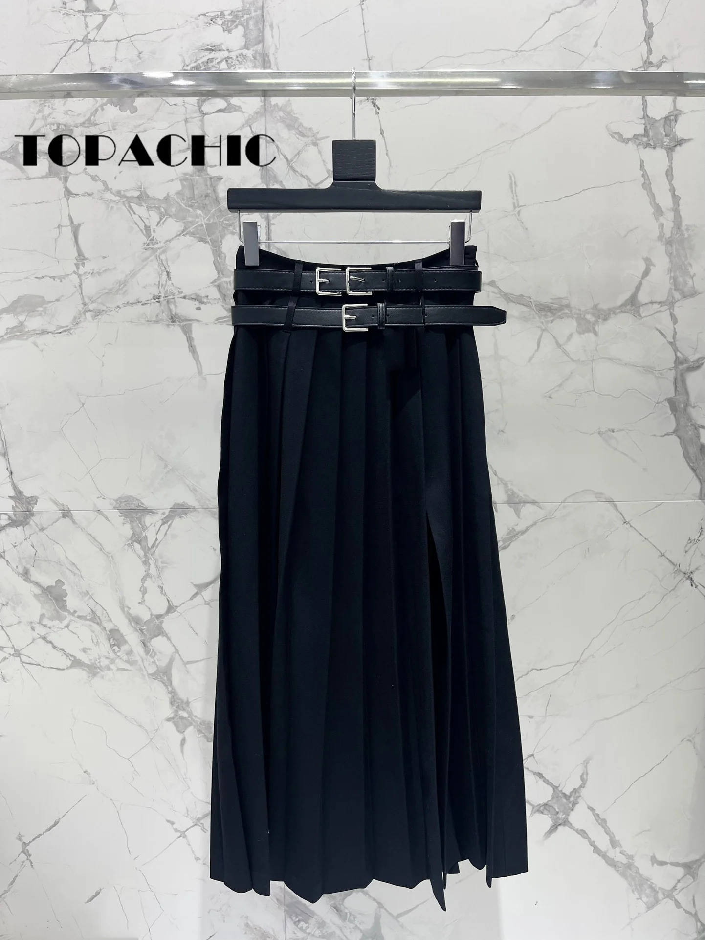 8.6 TOPACHIC Women Temperament All-matches Double Buckle Sashes Design Long Pleated Skirt Solid Casual Party Short Skirt