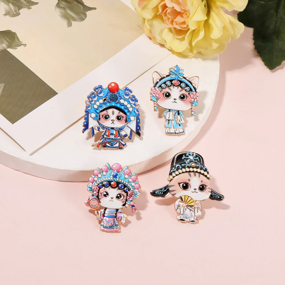 Creative Chinese Cultural Cat Themed Enamel Lapel Pins Cartoon Opera Scholar Warrior Hua Dan Kitty Kitten  Brooches Badge