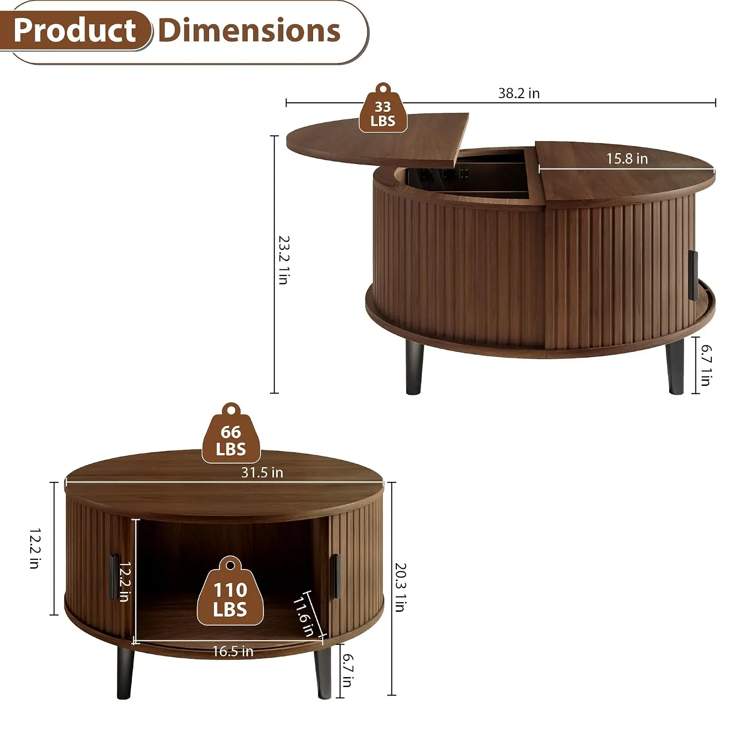 Round Lift Top Coffee Table With Hidden Storage, Mid Century Modern Fluted Wood Center Table For Living Room, Walnut, Customized