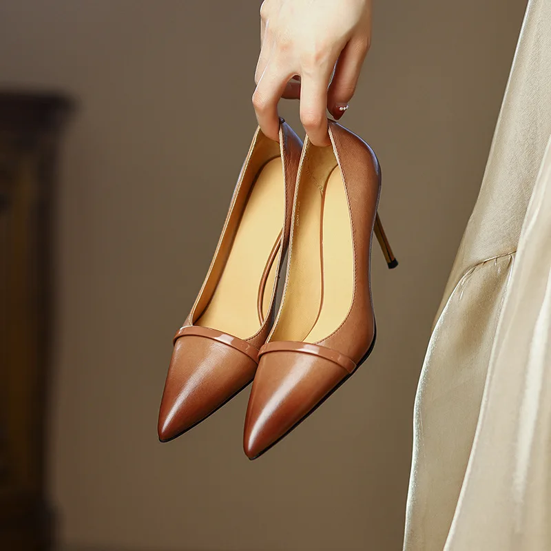 

High quality genuine leather women's super high heels comfortable fashionable office retro pointed single shoes wedding shoes
