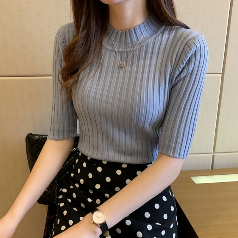 Spring Office Lady Pullover Half Sleeve Knitted Women Sweater Basic Solid Casual Shirts Female Korean Tops Elegant Blouse 13466