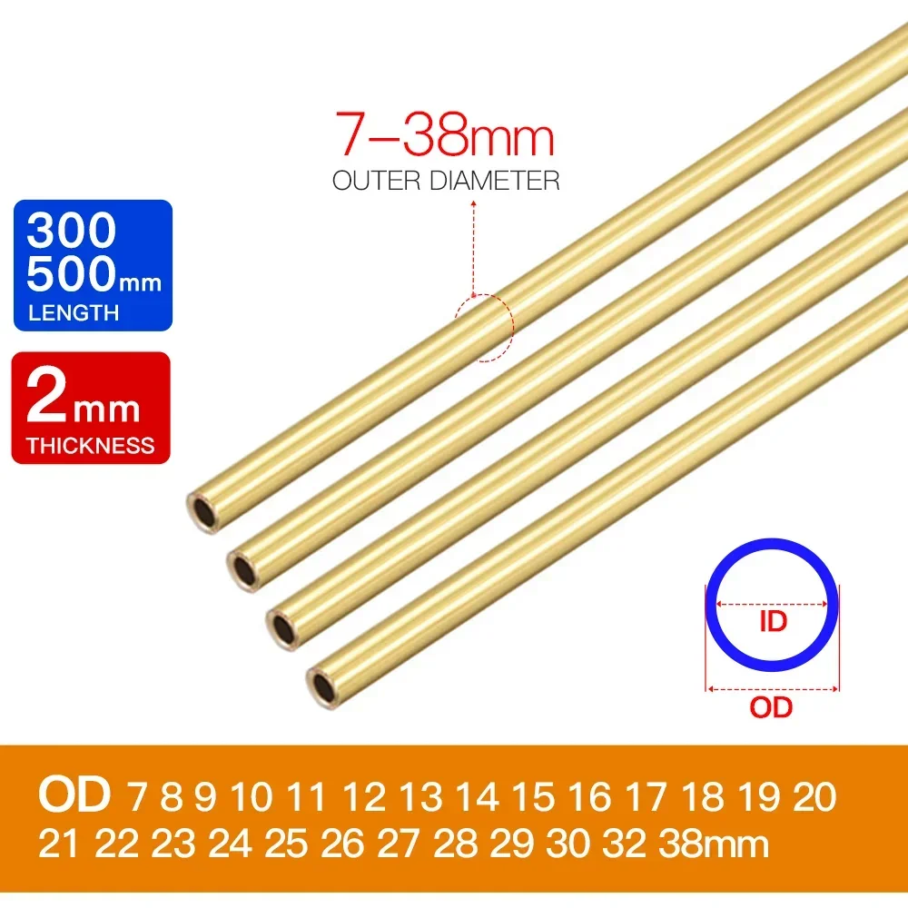 Brass pipe 2mm wall thickness 7-40mm OD brass tube 300mm 500mm length Straight tubing outer diameter modeling rod cutting DIY