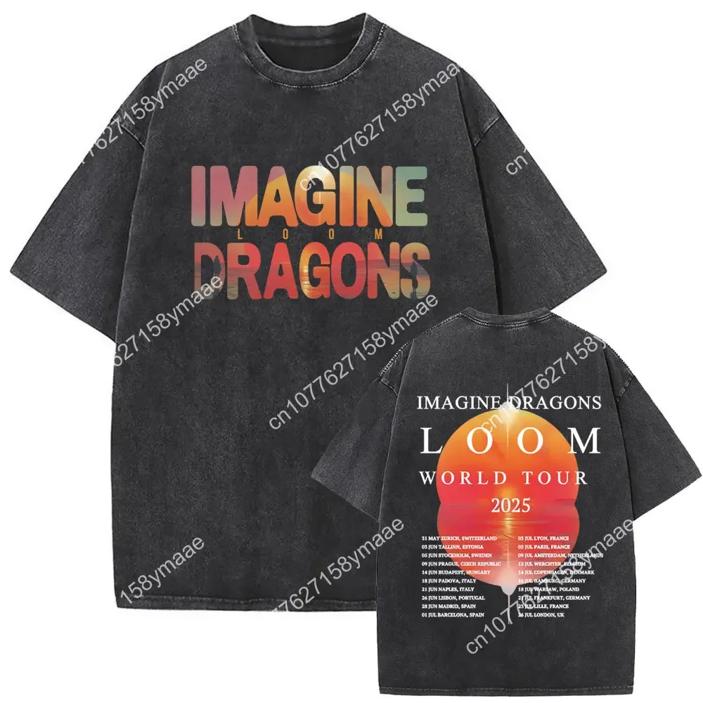 Rock Band Imagine Dragons Loom World Tour 2025 Washed Vintage T-shirt Men Women Women Gothic Oversized T Shirts Unisex Casual Ts