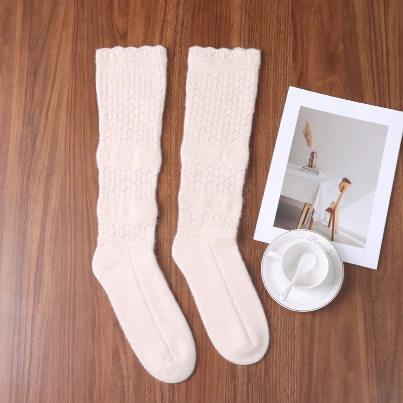 

Women's 100% Wool Solid Color Knitted Middle Tube Socks, Hollow-Out Printed WaveEdged Warm Socks Suitable for Pairing with Boots