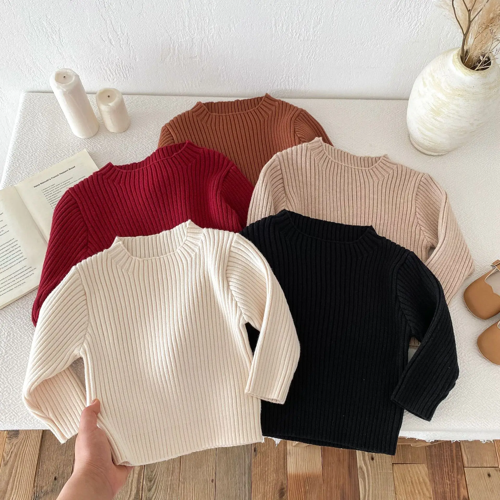 

Autumn New Children Sweater Boys Girls Solid Versatile Casual Knitwear Kids Knitted Pullover Tops Skinny Ribbed Bottoming Shirt