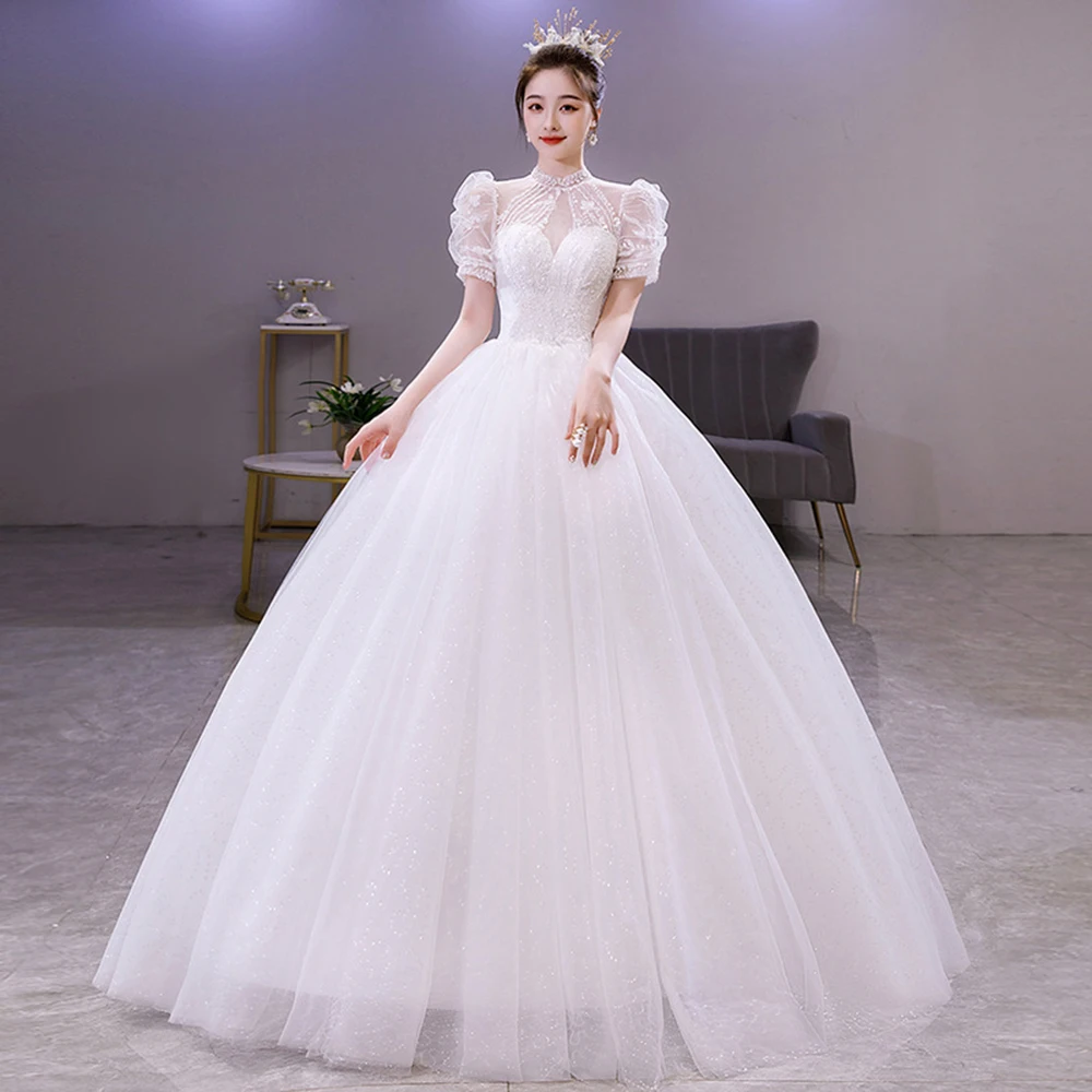 Bubble Sleeve Women's Light Luxury Wedding Dress Dreamy Bride Female Simplicity Shinning Sequins A-line Backless Wedding Vestido