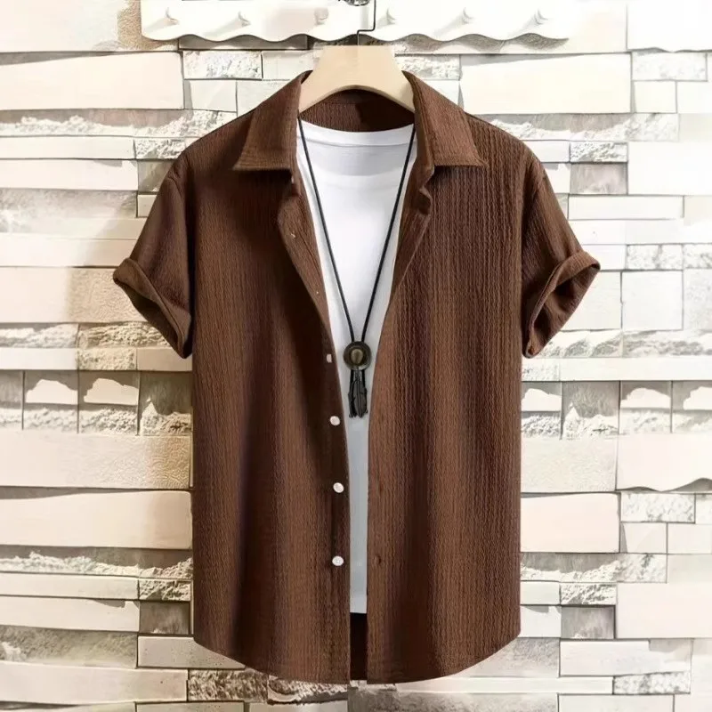 Summer Short Sleeve Shirt Solid Button Down Short Sleeve Shirts Turn Down Crinkled Casual Shirt Rolled Cuffs Men's Shirt