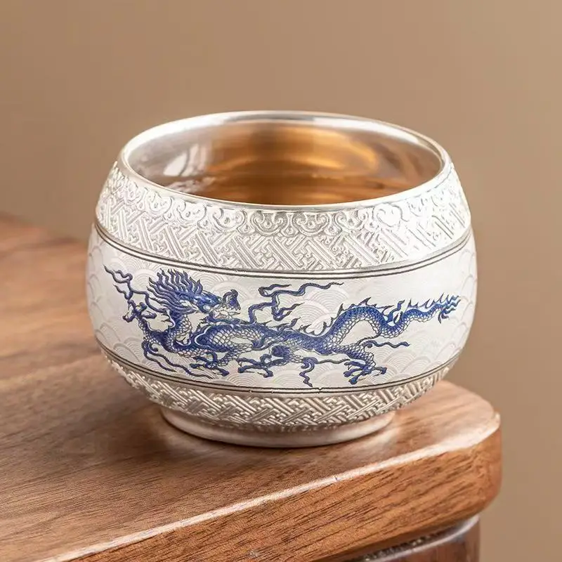 

130ML New Master Cup High-end Teacup Hand-painted 999 Silver Feilong Chengyun Meditation Cup Chinese Kung Fu Tea Cup Collection