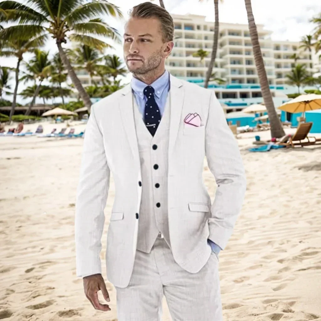

Linen Men's Suit 3 Pieces Blazer Vest and Pants Slim Fit Casual Suits Tuxedo Set Groomsmen Summer Beach Wedding Male Suits Set
