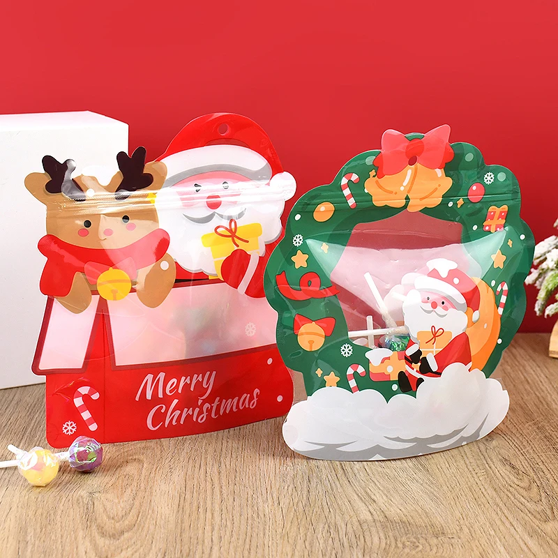 5pcs Christmas Gift Ziplock Packaging Bag Resealable Xmas Socks Shape Candy Cookies Present Pouches Xmas New Year 2025 Navidad