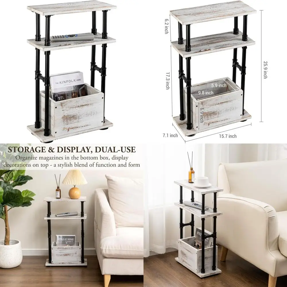 

Rustic Whitewashed Wood Side Table with Industrial Pipe, Storage Shelf and Magazine Holder