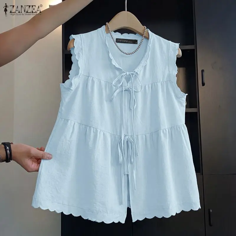 ZANZEA Women Summer Tank Solid Color Round Neck Sleeveless Vestidos Lace-Up Ruffled Sundress Fashion Casual Loose Beach Robe