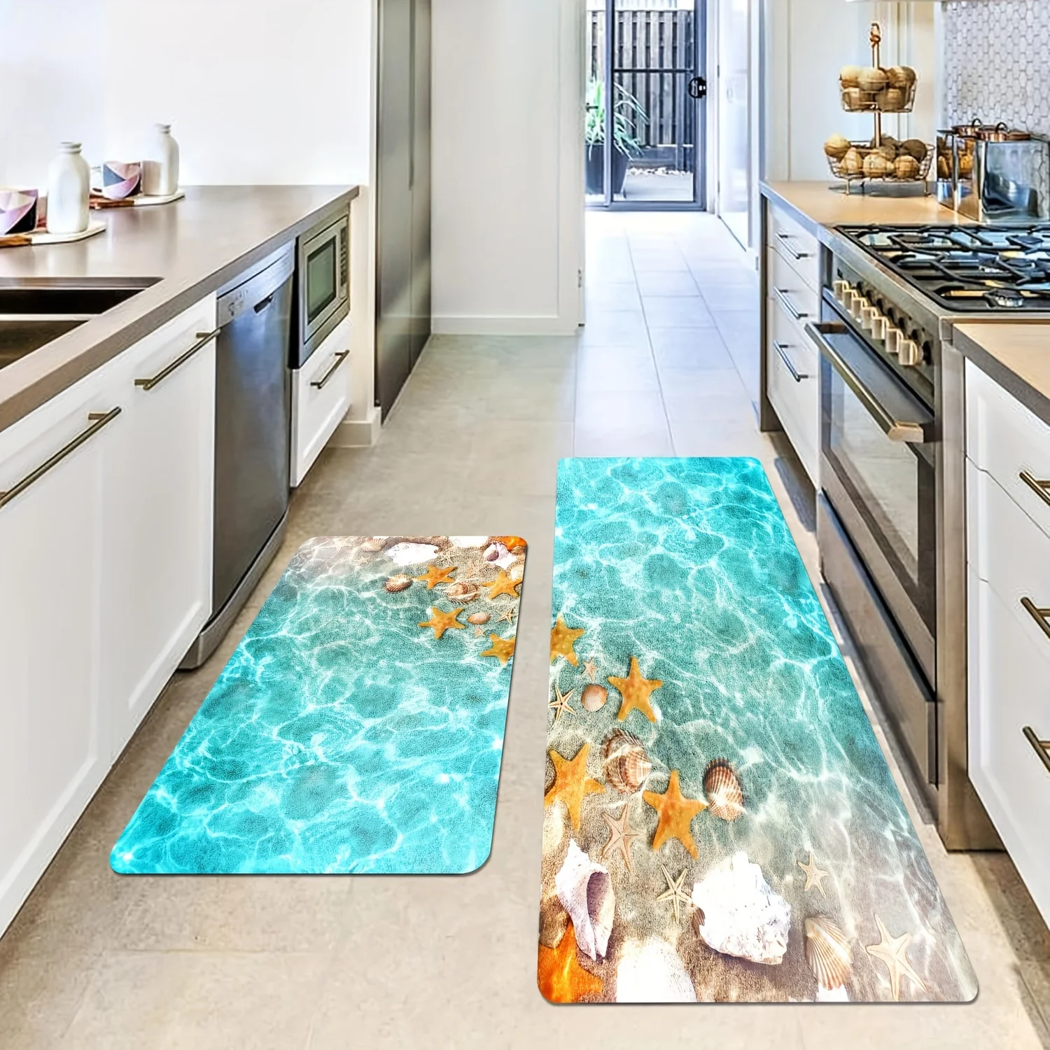 Ocean Starfish Kitchen Floor Mat Entrance Door Mat Decorations Non-Slip Hallway Balcony Long Rugs Bedroom Bedside Foot Pad