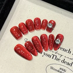 Handmade Press on Nails Glossy Red Cat Eye Fake Nails Full Cover Wearable New Year Large Crystal Design False Nail Patches