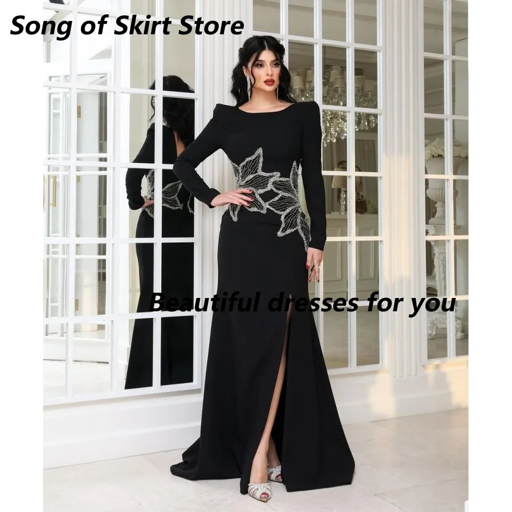 

Customized Black A-line Prom Dress Long Sleeves Jersey Saudi Arab Evening Dress Slit Floor-Length Formal Occasion Gown