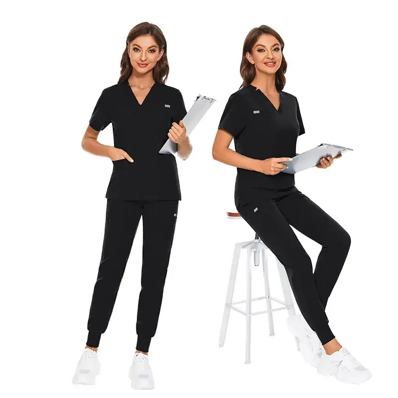 High Quality Casual Breathe Quick-dry Elastic Unisex V-Neck Jogger Dentist Beauty Salon Laboratory Nurse Scrubs Hospital Sets