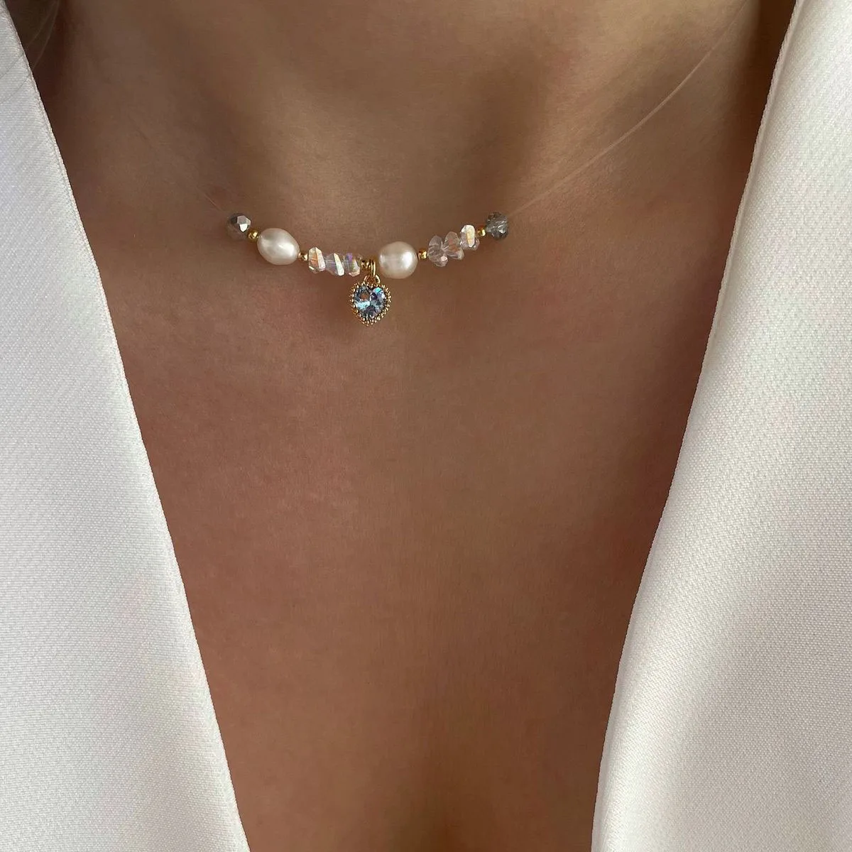 Fashion Simple Shaped Natural Freshwater Pearls Zircon Heart Necklace For Women Female Girl Baroque Choker Jewelry Gift N0495