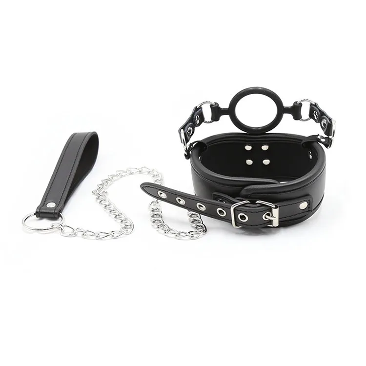 Leather neck strap with silicone ring traction chain black women's sexy neck strap