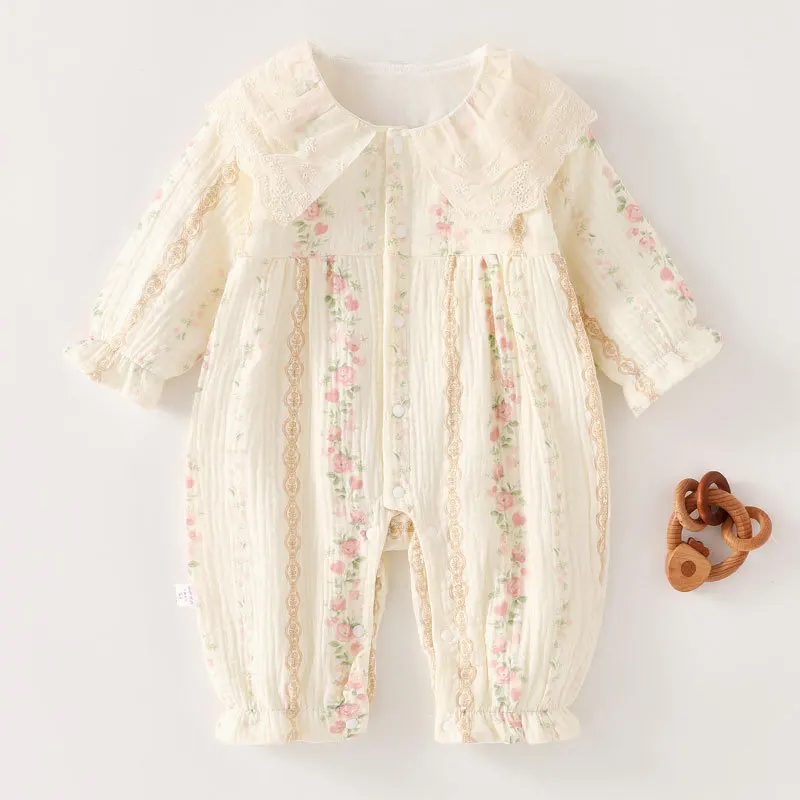 Somenie [Double Layer] Spring and Autumn Gauze Pure Cotton Baby Onesie Lace Foreign Style Girl, Baby Romper Climbing Clothing