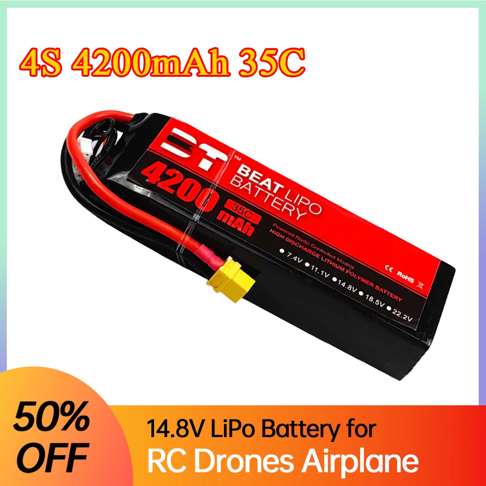 4S Lipo Battery 4200mAh 14.8V 35C with T/XT60 for Drones RC Quadcopter Helicopter Cars Boats Spare Parts 4S Rechargeable Battery
