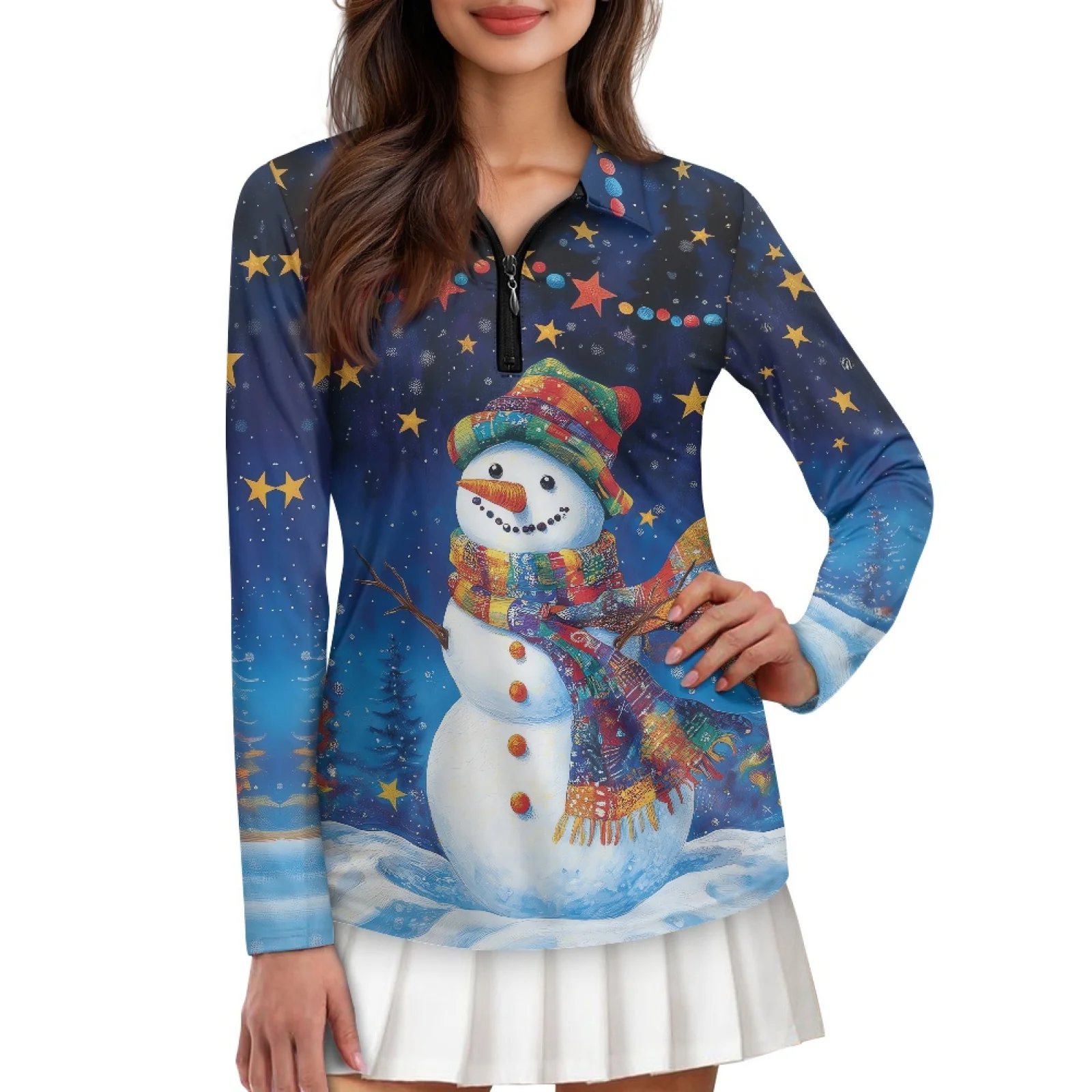 PENSTROLL Snowman Starlit Womens Long Sleeve Athletic Blouses Quarter Zip Golf Shirts for Exercise