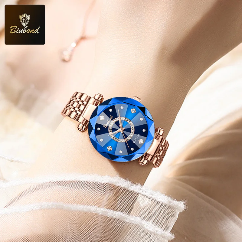 ساعات BINBOND النسائية الأنيقة كوارتز أصلية للسيدات بتصميم قلب المحيط الماسي المضيء المقاوم للماء