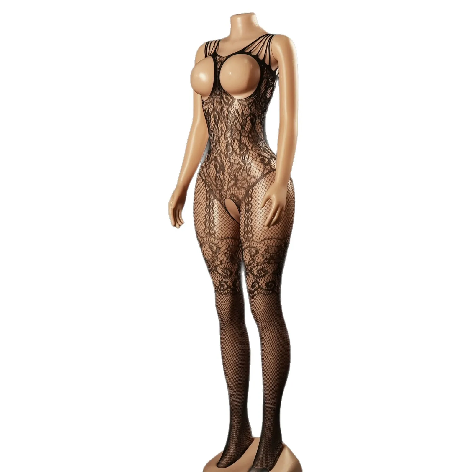 Hot Sexy Lingerie Women Crotchless Bodystocking Open Bust Mesh Bodysuit Hollow Out Jacquard Lace Exotic Apparel Teddies Black