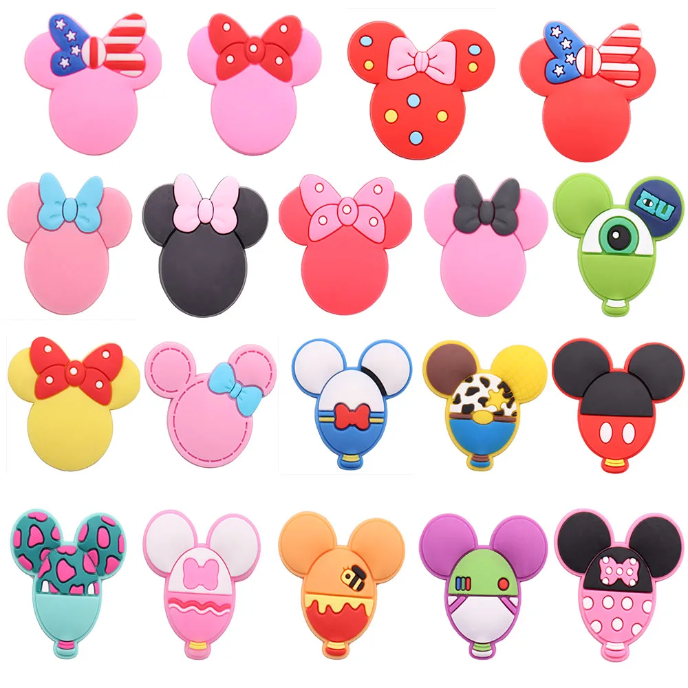 

Hot Sale 1-19pcs PVC Shoe Charms Disney Mickey Minnie Cute Round Ears Accessories Sandal Shoes Decoration For Kids X-mas Gift