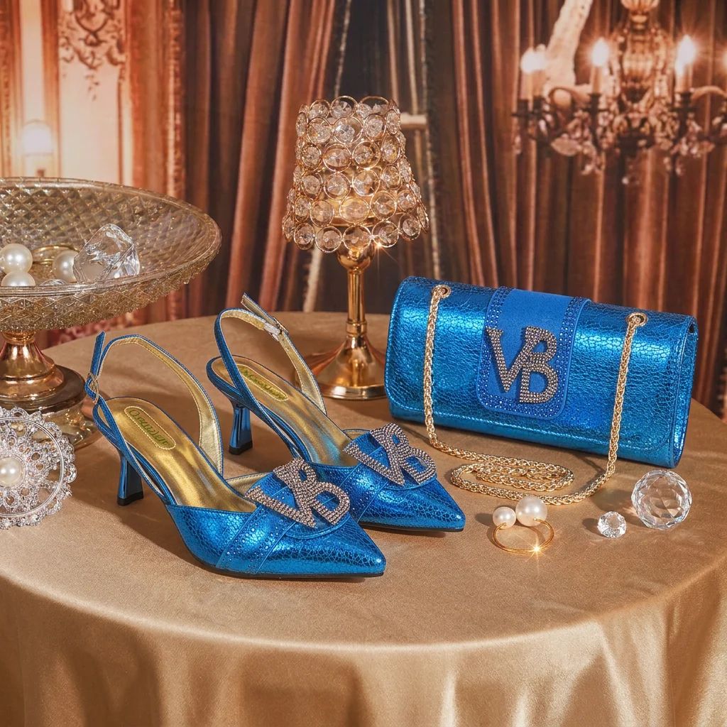 2026 Women Shiny Metallic Blue Slingback Heels Matching Handbag Set Glitter Rhinestone Letter Decor Pumps for Wedding Party