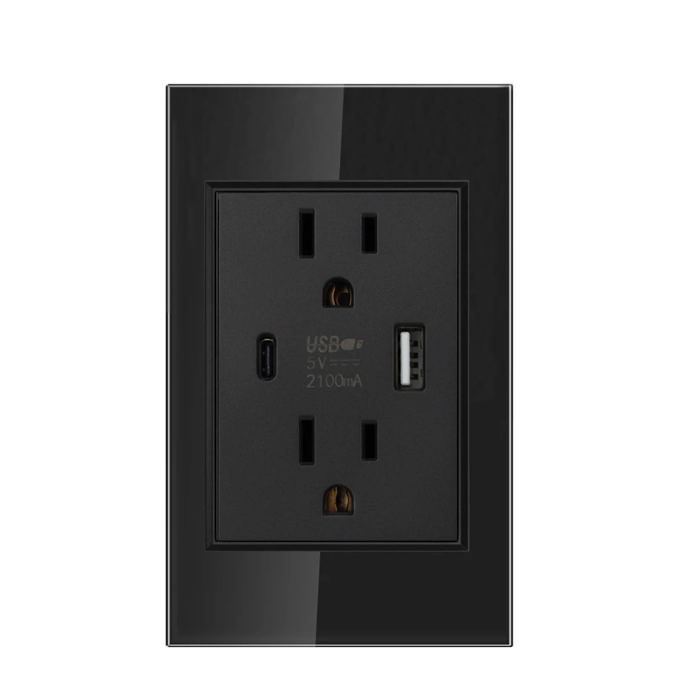 VISWE US Standard socket with usb type-c charging 5V 2.1A, 118*72mm Tempered Glass Panel, dual American Wall Outlet 15A 220V