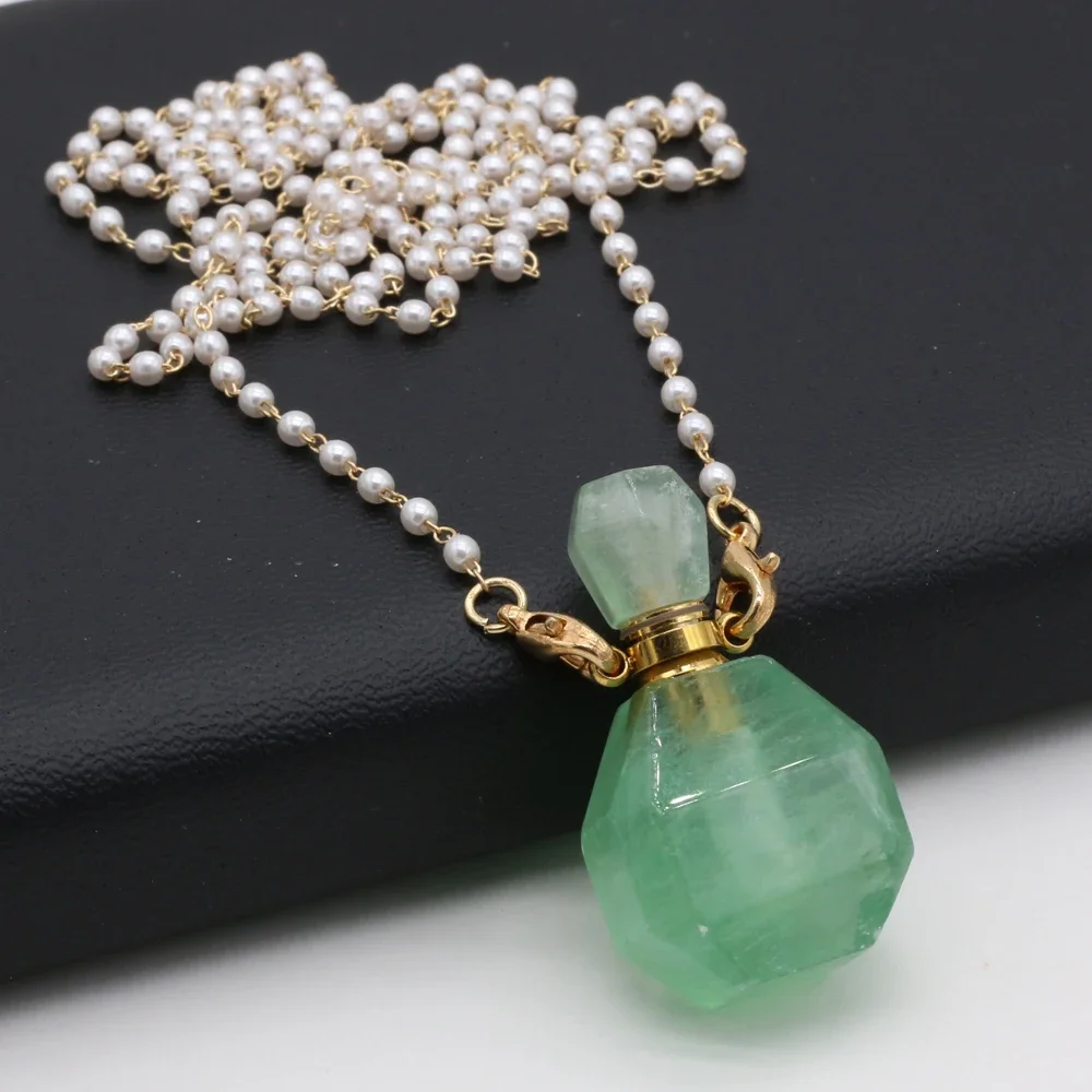 Natural Perfume Bottle Pendant Necklace Amethysts Rose Quartzs Essential Oil Diffuser Pendant Pearl Chain Necklace Women Jewerly
